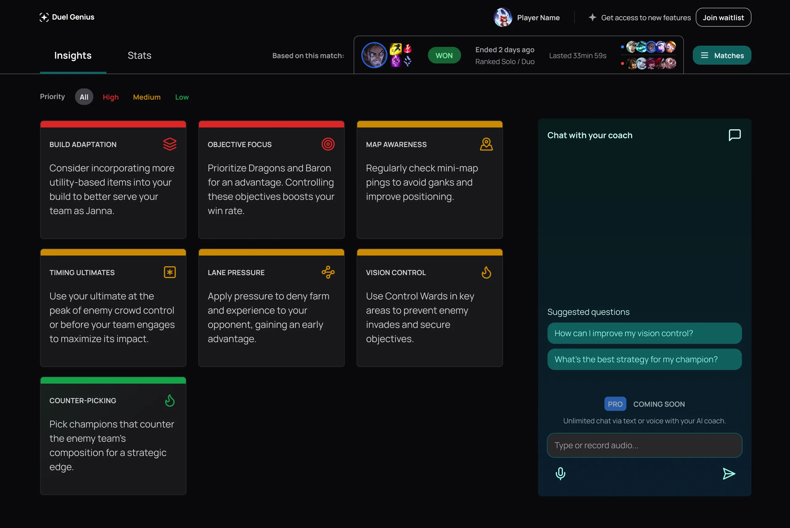 AI insights dashboard showing personalized coaching cards
